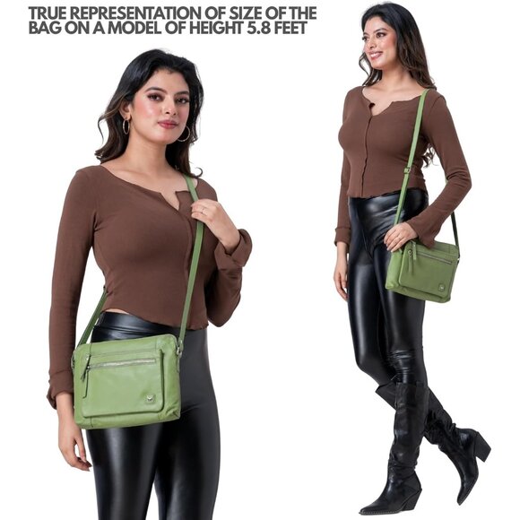 Women Sage Imported Leather Polyester Crossbody Sling Shoulder Crossover Bag - Picture 2 of 6